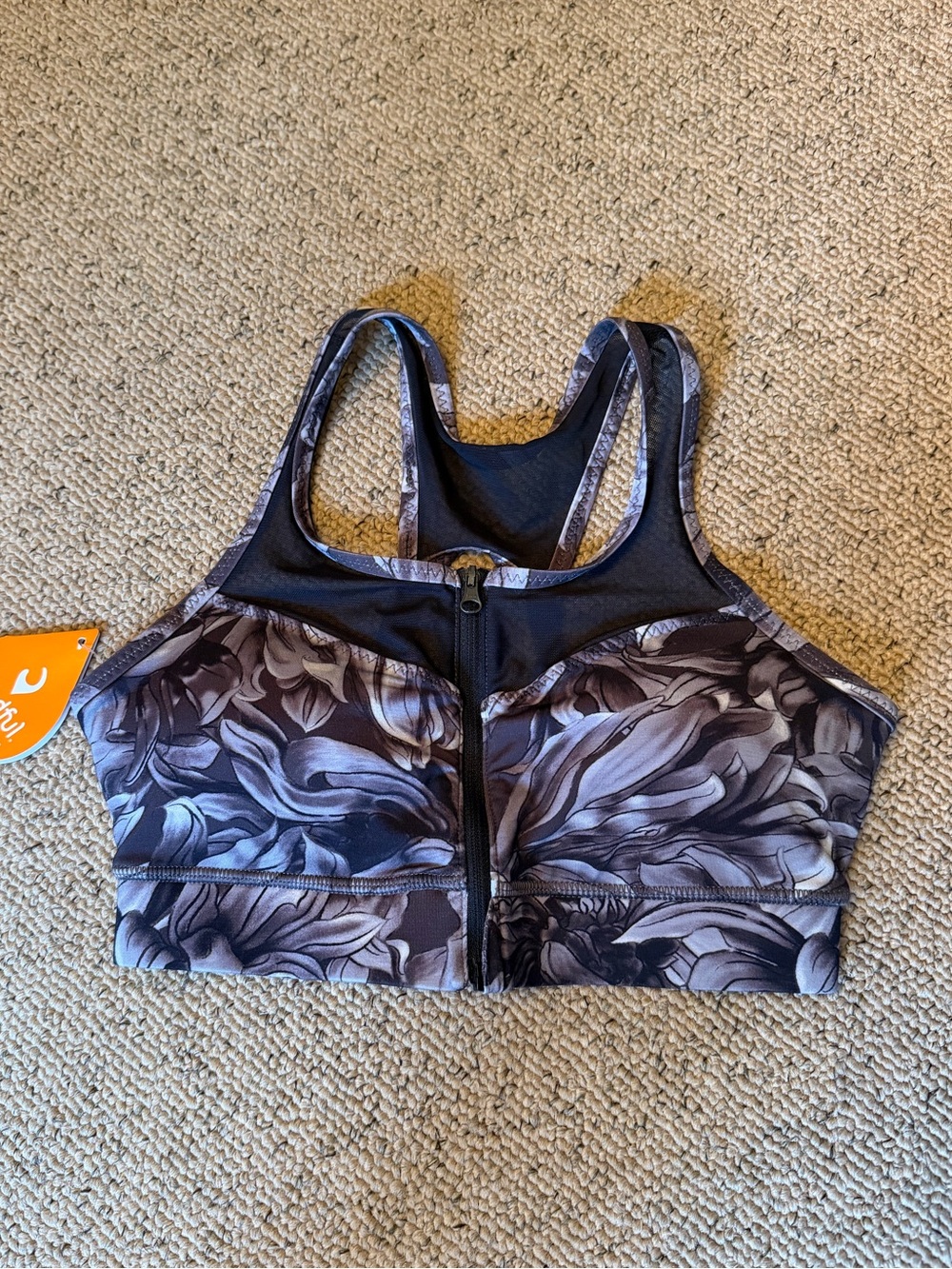 Handful Zip Floral Print Sports Bra — Black/Gray